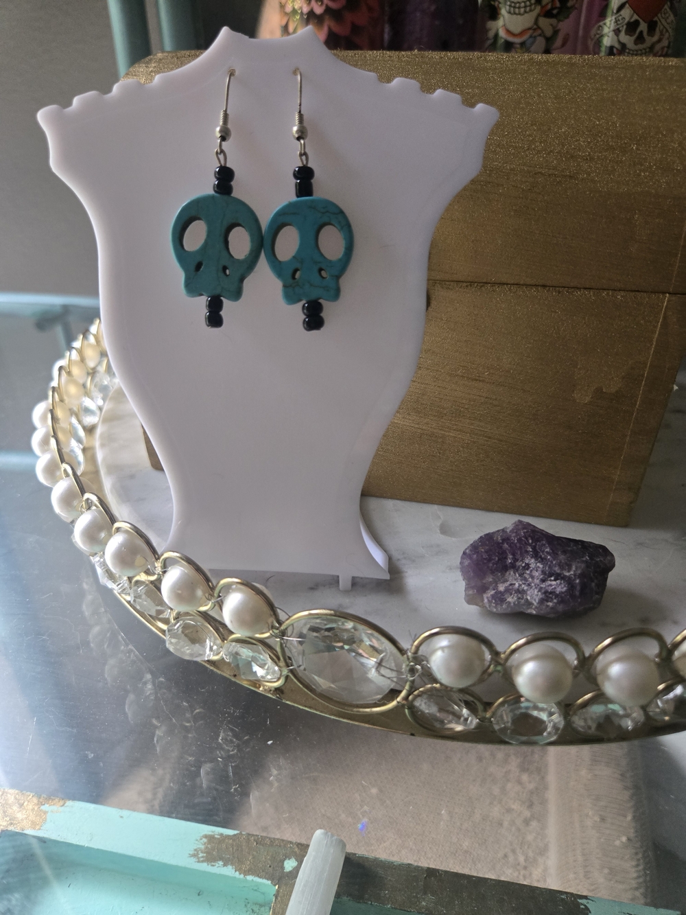 Turquoise Skull Bead Dangle Earrings